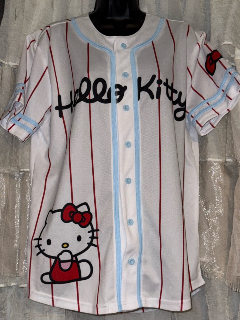 Hello Kitty White Baseball-Style Jersey with Red Stripes & Blue Trim